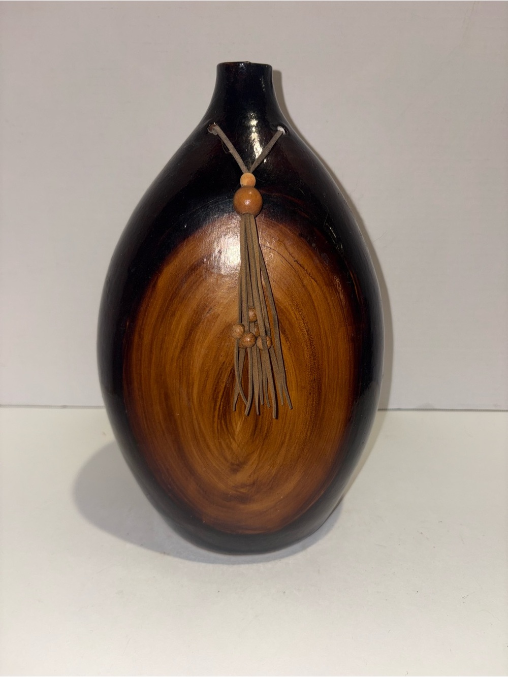Handcrafted Brown Wood Oval Accent Vase with Tassel